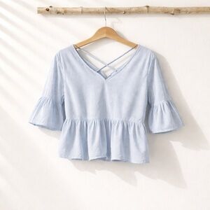 Hippie Laundry Light Blue Striped V-Neck Peplum Top & Crisscross Back Straps Med